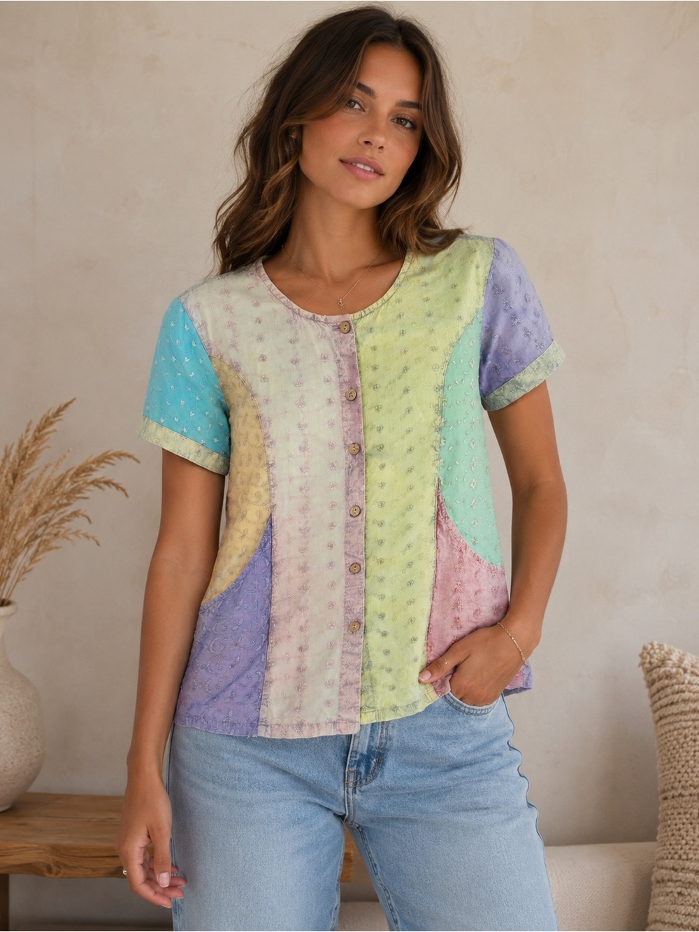 Sacred Threads Embroidered Patchwork Cotton Boho Top Size Medium